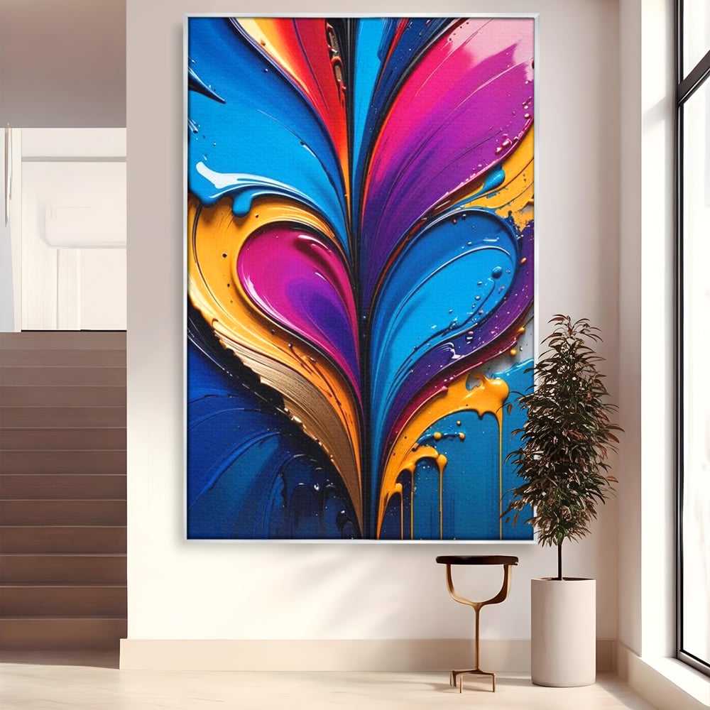 Tablou canvas cu pictura abstracta cu valuri colorate, in rama de aluminiu argintiu